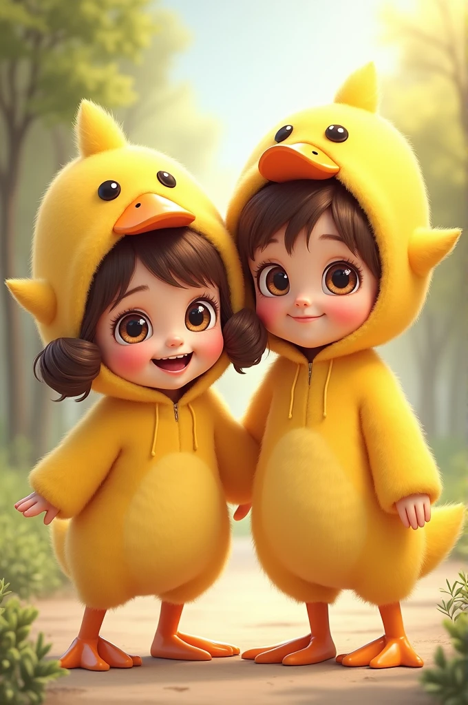 Two two-year-old children The girl: with brown eyes, Brown hair con coletas, parts, dressed as a duck The child: with brown eyes, Brown hair, parts y vestido de patito 