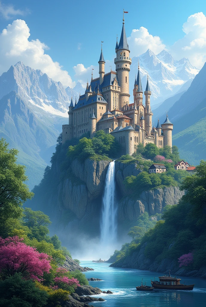 masterpiece, 最high quality, high quality, Very detailed CG unit 8k wallpaper, landscape, outdoor, Invalid, cloud, sky, A beautiful medieval castle, No humans, Mountain, landscape, water, wood, blue Invalid, waterfall, cliff, nature, lake, river, village, 秋sky, cloudy Invalid, Colorful flowers, Award-winning photography, Bokeh, Writing border depth, high resolution, bloom, Chromatic Aberration, Practical, Very detailed, Artステーションのトレンド, CG Social Trends, complicated, Attention to detail, dramatic, Art:On the go