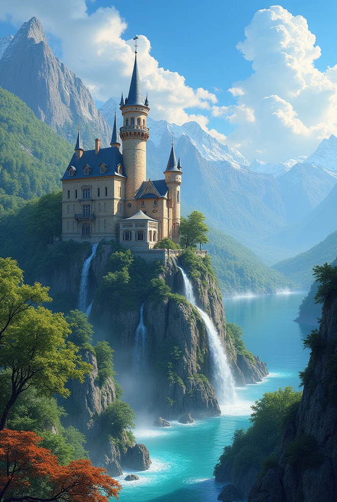 masterpiece, 最high quality, high quality, Very detailed CG unit 8k wallpaper, landscape, outdoor, Invalid, cloud, sky, A beautiful medieval castle, No humans, Mountain, landscape, water, wood, blue Invalid, waterfall, cliff, nature, lake, river, village, 秋sky, cloudy Invalid, Colorful flowers, Award-winning photography, Bokeh, Writing border depth, high resolution, bloom, Chromatic Aberration, Practical, Very detailed, Artステーションのトレンド, CG Social Trends, complicated, Attention to detail, dramatic, Art:On the go