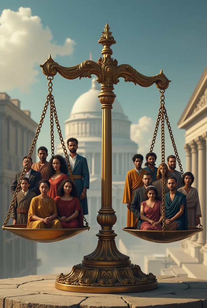 Scales of justice filled with people of different nationalities that is realistic