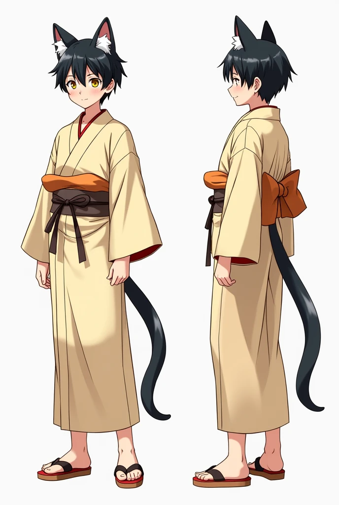 High quality illustrations, male,Cat-eared teenager, three views, Front and sides and back, Character Sheet, Character Design, Various expressions(Happy expression、Sad expression、Angry expression) 、masterpiece、(Highest quality)、((kimono))、((Makes your face smaller))、The body is slim、((Yellow Eyes))、((10 poses and facial expressions))、Anime characters
