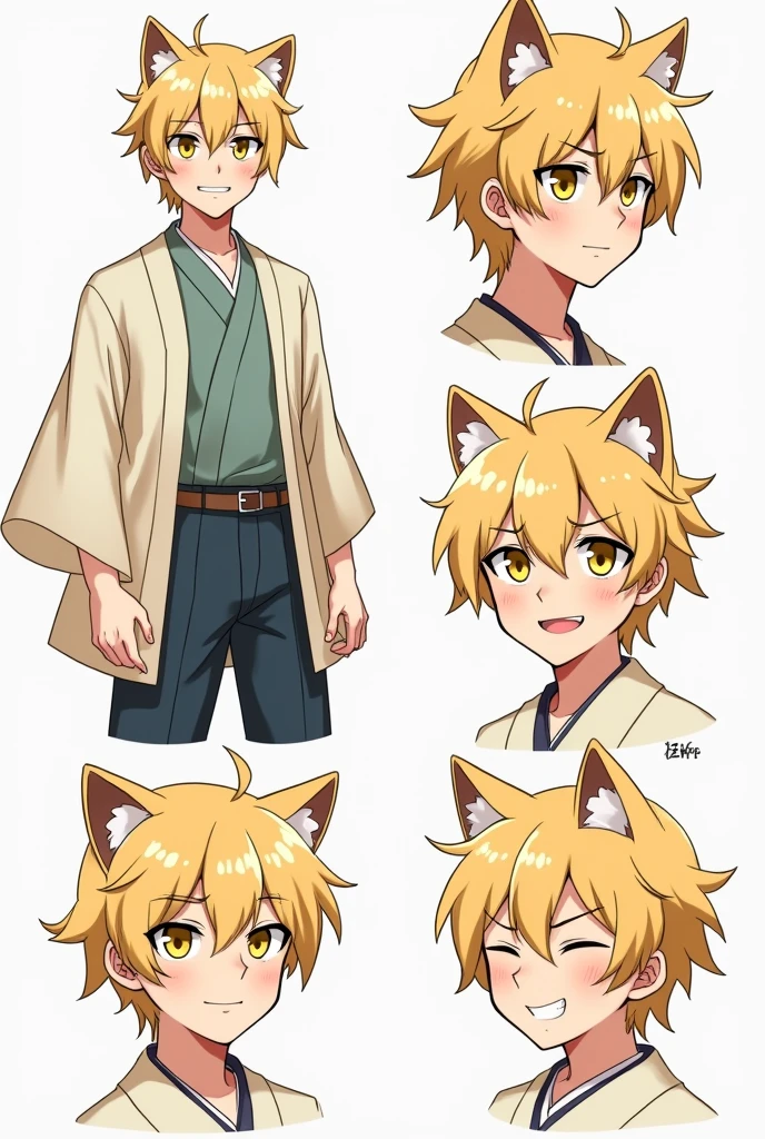 High quality illustrations, male,Cat-eared ager, three views, Front and sides and back, Character Sheet, Character Design, Various expressions(Happy expression、Sad expression、Angry expression) 、masterpiece、(Highest quality)、((kimono))、((Makes your face smaller))、The body is slim、((Yellow Eyes))、((10 poses and facial expressions))、Anime characters