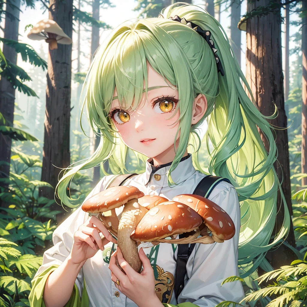 (Mountain Explorer style) (double exposure pastel color), (hand holding a detailed ecstasy brown Penis Shape mushroom), Smell the scent it, (solo:2, 15 yo) (beautiful ponytail) (beautiful pastel green hair long hair) (beautiful sexy girl) (detailed cute yellow eyes) (best smile, glossy lip) (medium tits), in a summer Speculator uniform, break, in the beautiful Pine forest, BREAK, perfect anatomy, masterpiece, best quality, 16k, beautiful detailed grow, daydreaming expression.