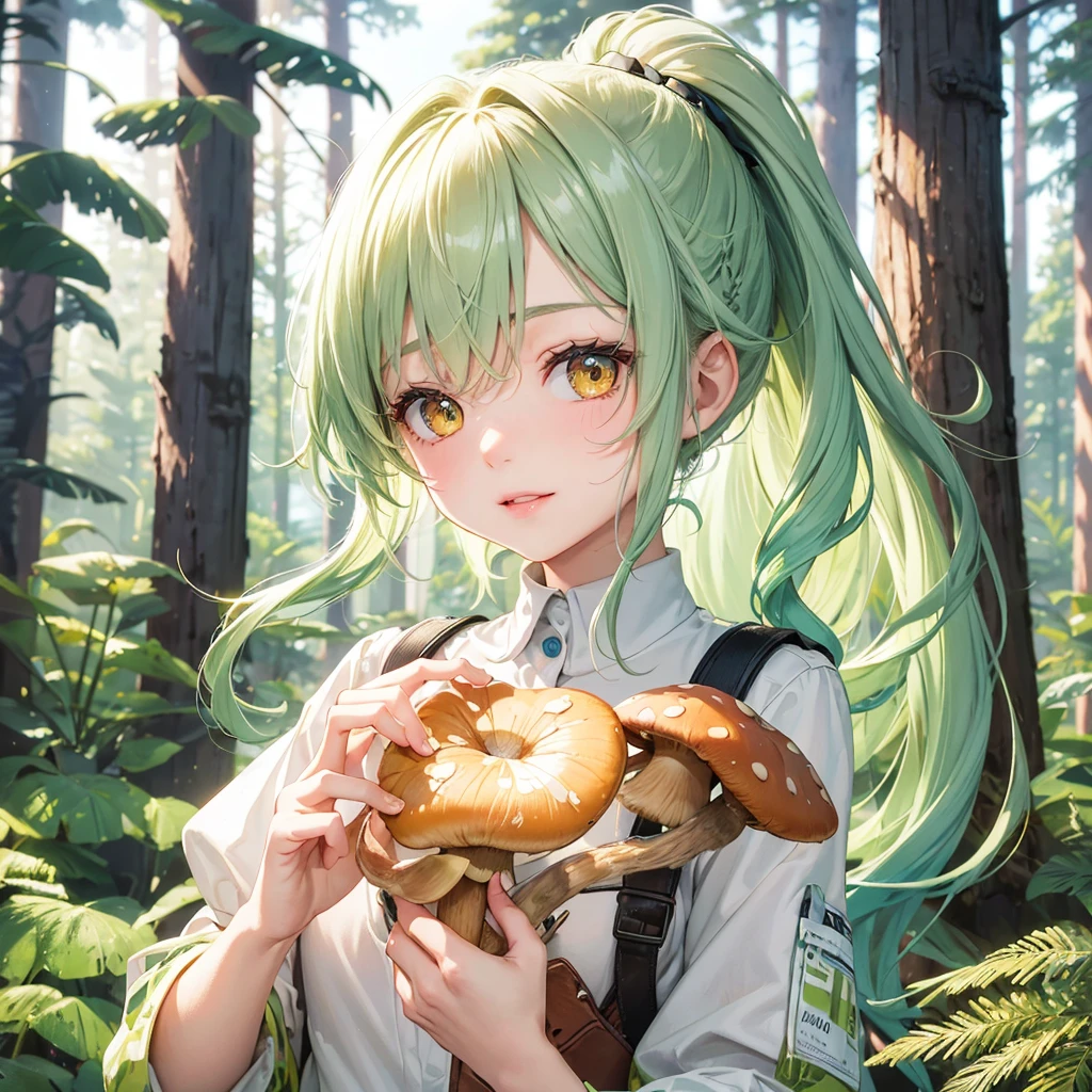 (Mountain Explorer style) (double exposure pastel color), (hand holding a detailed ??????? brown Penis Shape mushroom), Smell the scent it, (solo:2, 15 yo) (beautiful ponytail) (beautiful pastel green hair long hair) (beautiful sexy girl) (detailed cute yellow eyes) (best smile, glossy lip) (medium tits), in a summer Speculator uniform, break, in the beautiful Pine forest, BREAK, perfect ???????, masterpiece, best quality, 16k, beautiful detailed grow, daydreaming expression.
