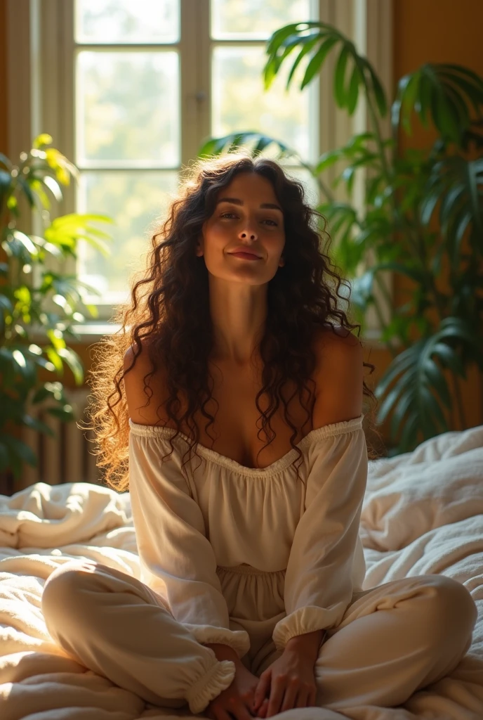 (photorealism:1.2), beautiful woman, sitting on bed, wearing loose off-shoulder top, pajama pants, long curly hair, indoors, soft lighting, plants in background, window with sunlight, cozy room, relaxed pose, realistic, intricate details, warm colors, by Greg Rutkowski, by Alphonse Mucha