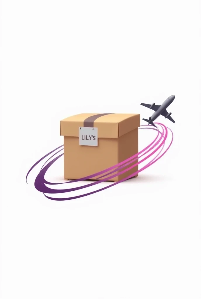 A logo for a company, with a brown package in the middle and an airplane as if it were a ring that goes around the package several times, and a little below the tweet that says LILY'S SHOP, and the trail of the plane mixed purple and pink, The grey plane and the shooting star style rings and intense colours with a white background