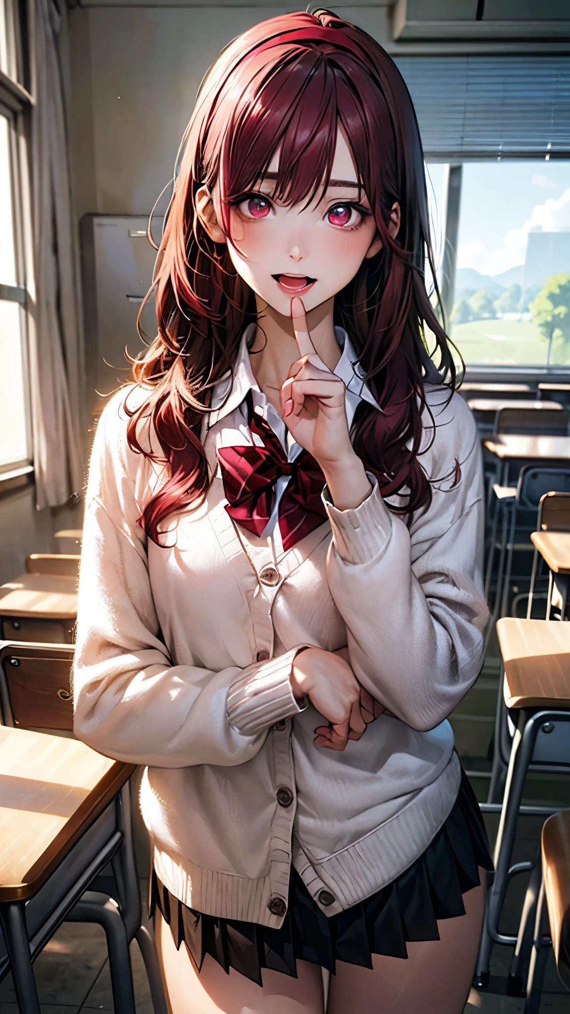 (masterpiece:1.2, top-quality), (realistic, photorealistic:1.4), beautiful illustration, (natural side lighting, movie lighting), depth of fields, nsfw, 
beautiful detailed hair, beautiful detailed face, beautiful detailed eyes, beautiful clavicle, beautiful body, beautiful chest, beautiful thigh, beautiful legs, shiny skin, pink skin, 
looking at viewer, 1 girl, 12 years old, (perfect anatomy, anatomically correct, super detailed skin), cute and symmetrical face, perfect face, perfect eyes, perfect body, (maroon hair band:1.4), 
(long hair, straight hair, sideburns, black hair), blunt bangs, hair between eyes, break maroon eyes, big eyes, long eye lasher, (medium breasts, seductive thighs), babyface, slender, 
(detailed cloth texture, break white collared shirt, break long sleeve pink knit cardigan, break black pleated skirt, break red bow tie), 
(beautiful scenery), evening, (school classroom:1.2), standing, (finger to mouth), (thinking, open mouth small), 