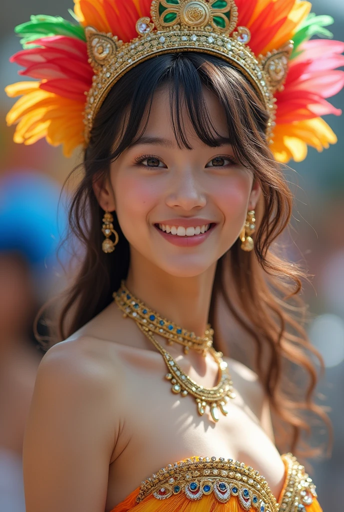 (masterpiece,best quality:1.4),(8k,raw photo,photo realistic:1.2),(shiny skin),detailed skin,detailed face,detailed eyes,Sparkling eyes:1.3,Symmetrical eyes,Detailed Background,detailed hand,1girl,natural make-up,((cute teen)),(white Flashy and colorful costumes), natural breasts,young trendy hair, ((Teen average breast)),(((Little Teen Samba Girl))),((shiny cleavage)), (very beautiful cute), (beautiful asian),, girl cute-fine-face,,Cute smile, (super detailed Samba Costume Fancy design,trend),nsfw,sexy Instagram style,,face of the Golden Ratio,Samba Carnival in Japan,(((Japanese teenagers))),Great location, (cowboy shot),breast angle