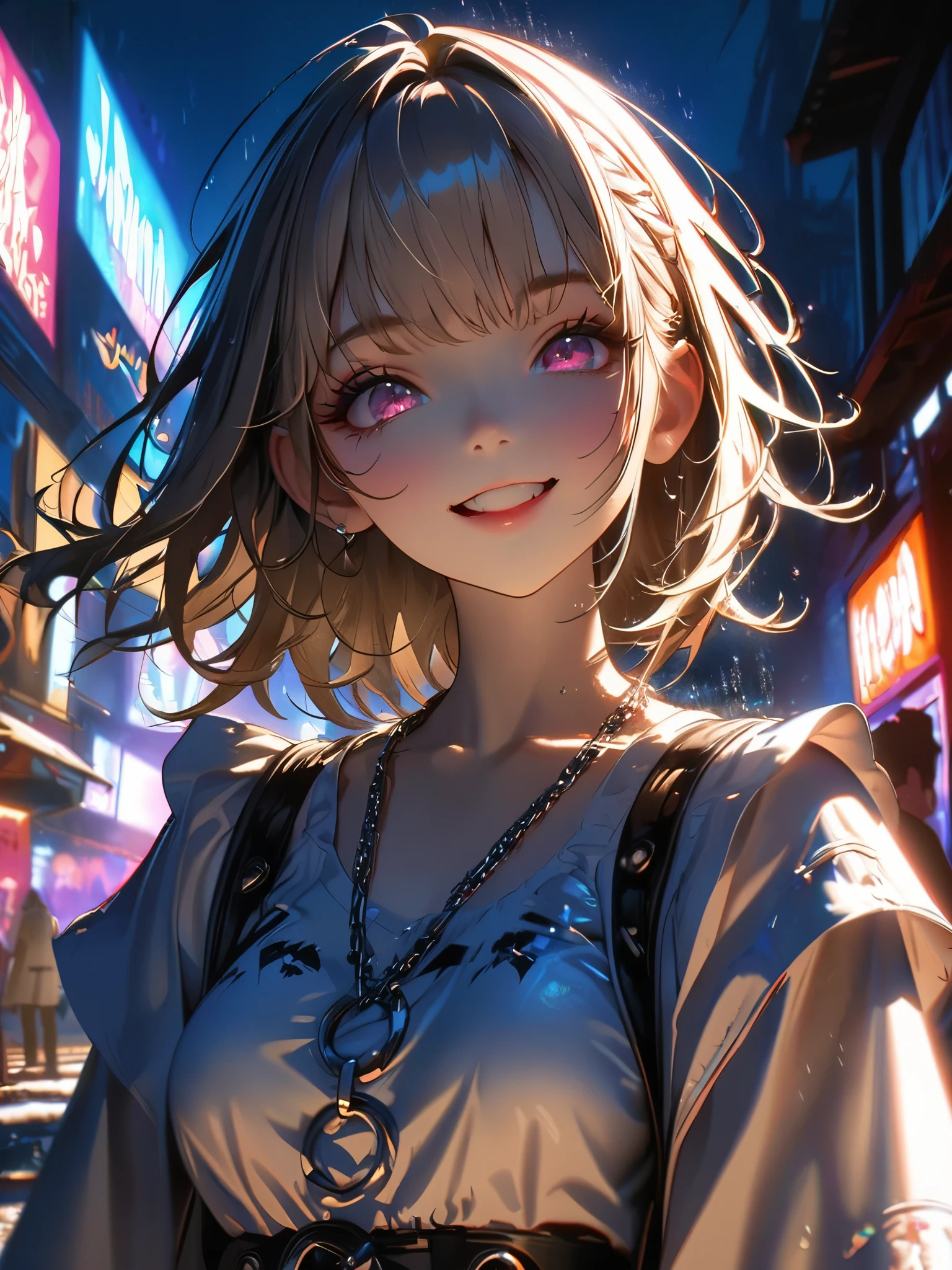 1 girl, chromatic aberration, Written boundary depth, Soft Light, masterpiece, Highest quality, complicated, Tone Mapping, A place where fireworks are set off at festivals. Concept Art, Smooth, Clear focus, Dramatic lighting, Very cinematic, super practical painting, アートステーション's trending, 8k, Incredible Shadows, practical,  whole body, View, Viewers, Portrait of a Girl 1, standing on street corner, Heavy rain and lightning、Dark Sky, neon and cyber punk background, she is dressed in punk clothing with silver chains and silver spikes, Her hair was dyed light brown...........Ominous aura of light, smile, punk, ciber punk, Backlight.Fashionable clothes、Friendly dress code: White outfit.My breasts are a little big.Very stylish