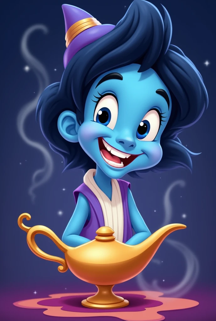 Create a colorful cartoon image of a friendly alladin emerging from spout of magical lamp. The alladin should have smiling expression with white teeths, with a classic blue skin tone, flowing outfit, and swirling smoke.