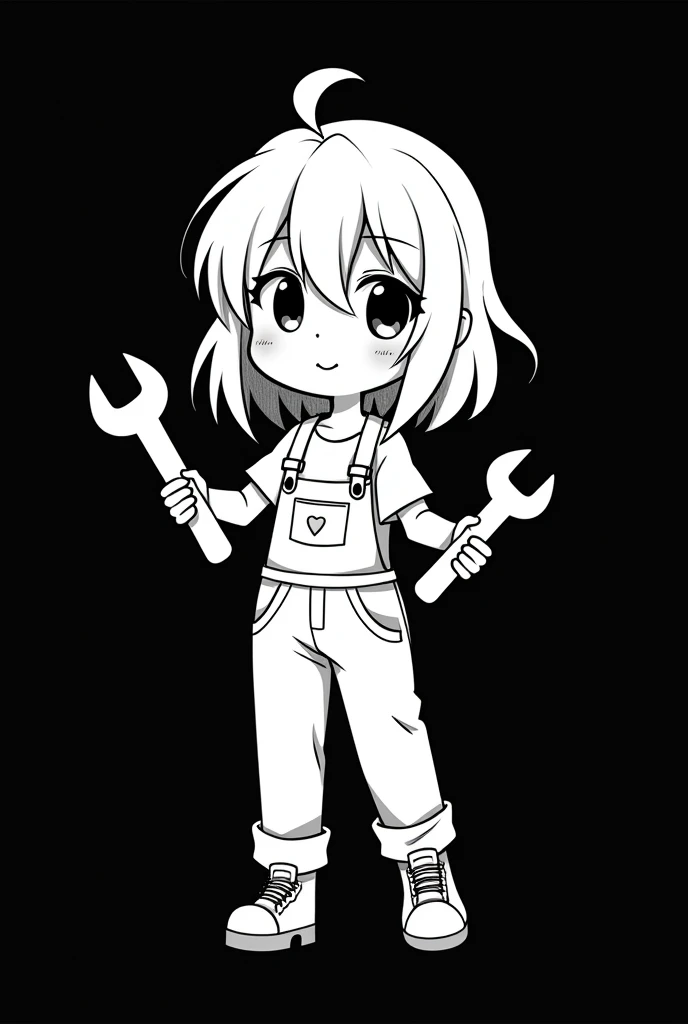 White pen on a black background。
No grey, just black and white。
White-haired girl wearing overalls。
Anime-style hair is medium length。
Holding a wrench tool in each hand。