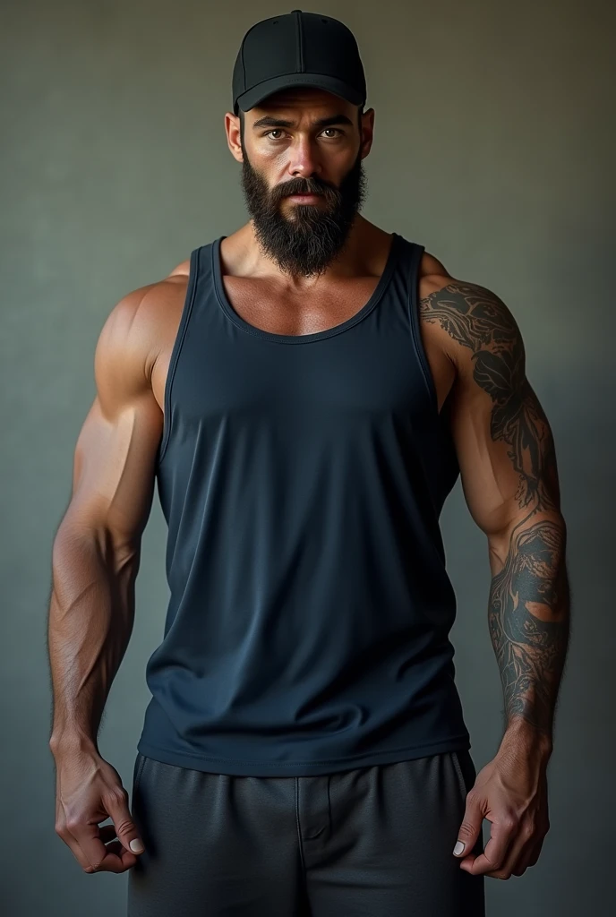 Man with 1,83 tall Dark blue tank top, Black cap, dark gray sweatpants black hair, brown dark eyes, dark circles, growing goatee, half yellowish brown, ectomorfo, no tattoos