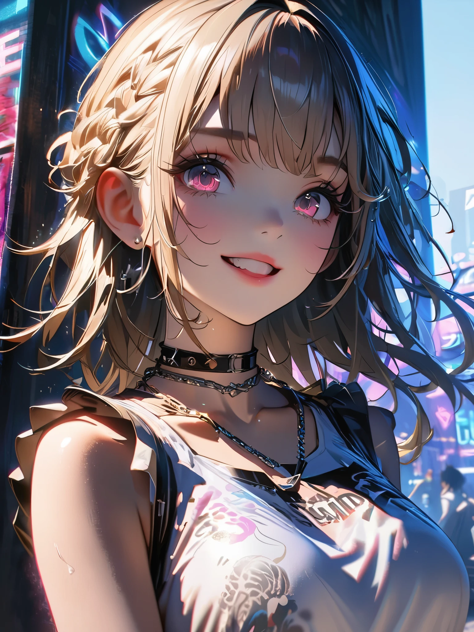 1 girl, chromatic aberration, Written boundary depth, Soft Light, masterpiece, Highest quality, complicated, Tone Mapping, A place where fireworks are set off at festivals. Concept Art, Smooth, Clear focus, Dramatic lighting, Very cinematic, super practical painting, アートステーション's trending, 8k, Incredible Shadows, practical, whole body, View, Viewers, Portrait of a Girl 1, standing on street corner, Heavy rain and lightning、Dark Sky, neon and cyber punk background, she is dressed in punk clothing with silver chains and silver spikes, Her hair was dyed light brown...........Ominous aura of light, smile, punk, ciber punk, Backlight.Fashionable clothes、Friendly dress code: White outfit.My breasts are a little big.Very stylish