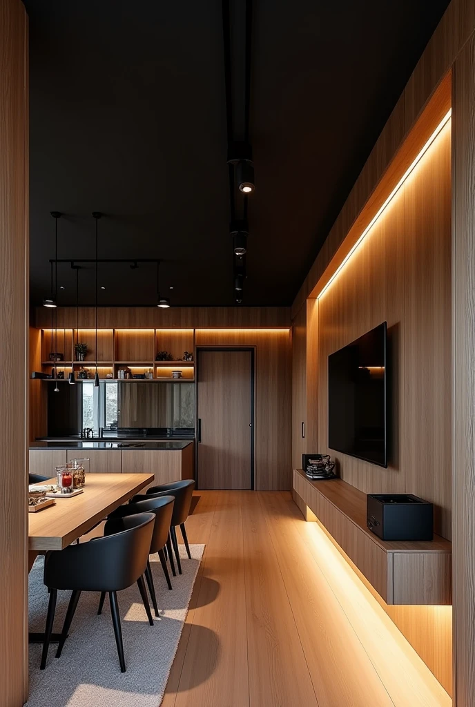 An interior image of a room, dining room and kitchen in a single space in an area of 12 meters long by 2,8 meters wide with a black ceiling and wooden columns decorated with LED lights each column. The distribution of space is as follows:
Dining room first, kitchen in the middle and at the end the living room with a TV on a 70 cm wall" and a sofa in front of the TV with 3 seats.