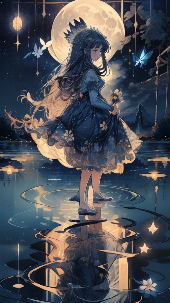 (Mastepiece), (Best Quality), Very detailed, 1 girl, (Full body solo shot:1.5), Perfect Face, beautiful girl, Very detailedな顔,(Blue Princess Dress:1.4)、(Navy blue long hair:1.5),(blue eyes:1.4),(Princess:1.4)、(White flower:1.4)、(Blue Butterfly々:1.3)、(Sparkling:1.3)、moonlight、流れstar、(night、star空、White Moon:1.4)、star々、moonlight