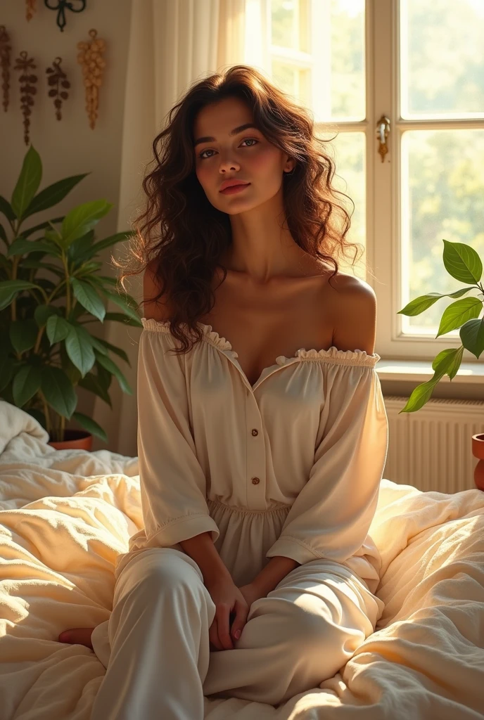 (photorealism:1.2), beautiful woman, sitting on bed, wearing loose off-shoulder top, pajama pants, long curly hair, indoors, soft lighting, plants in background, window with sunlight, cozy room, relaxed pose, realistic, intricate details, warm colors, by Greg Rutkowski, by Alphonse Mucha