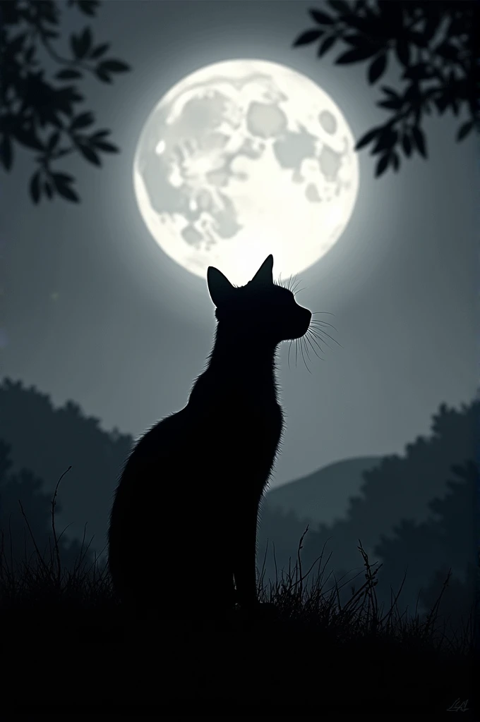 Cat silhouette watching the moon at night and make it bright 
