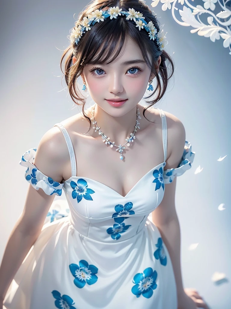 8k,Confused, High resolution, Very detailed, 1 girl, alone, Very beautiful eyes, Ultra-precise depiction, artistic、Very detailed depiction, (Tangled:1.2), , (White high key background:1.5), (((White dress with blue floral pattern 1.5))), 、 short hair、Loose wavy hair、Earrings and Necklaces、Brown Hair, (Glowing Skin), Many colors, , (Shooting from above:1.2),、Flat Body、slim、cute、、Round face、Cast a Shadow、、Smile 1.3、(((Place both hands on chest 1.4)))、