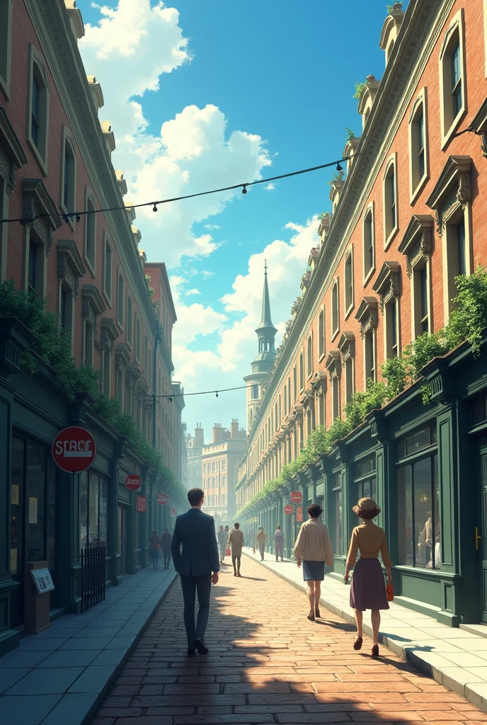 London footpaths in 1888 , sun light , less people , anime , the streets on the middle