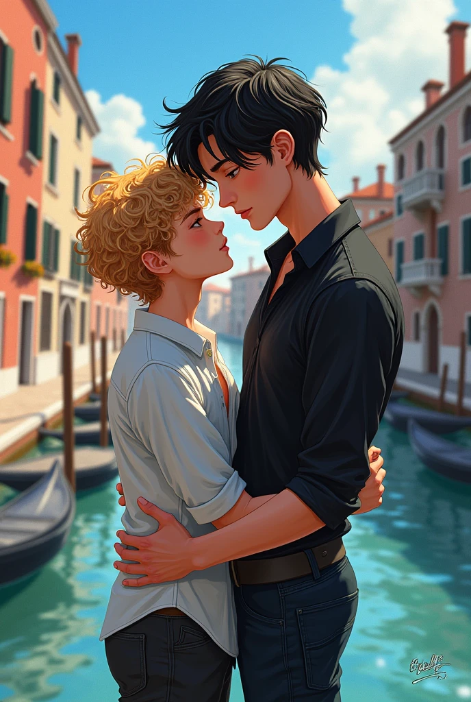 I need a boy with another boy for a movie type cover ,that is to say, a boys love ,and that it is a drawing art style that is full body and one is shorter and has curly blond hair and the other is tall black hair ,with the title of "Rhythms of Venice"highlighted pinterest art style ,that it looks more artistic ,Not so anime style but not real either 
