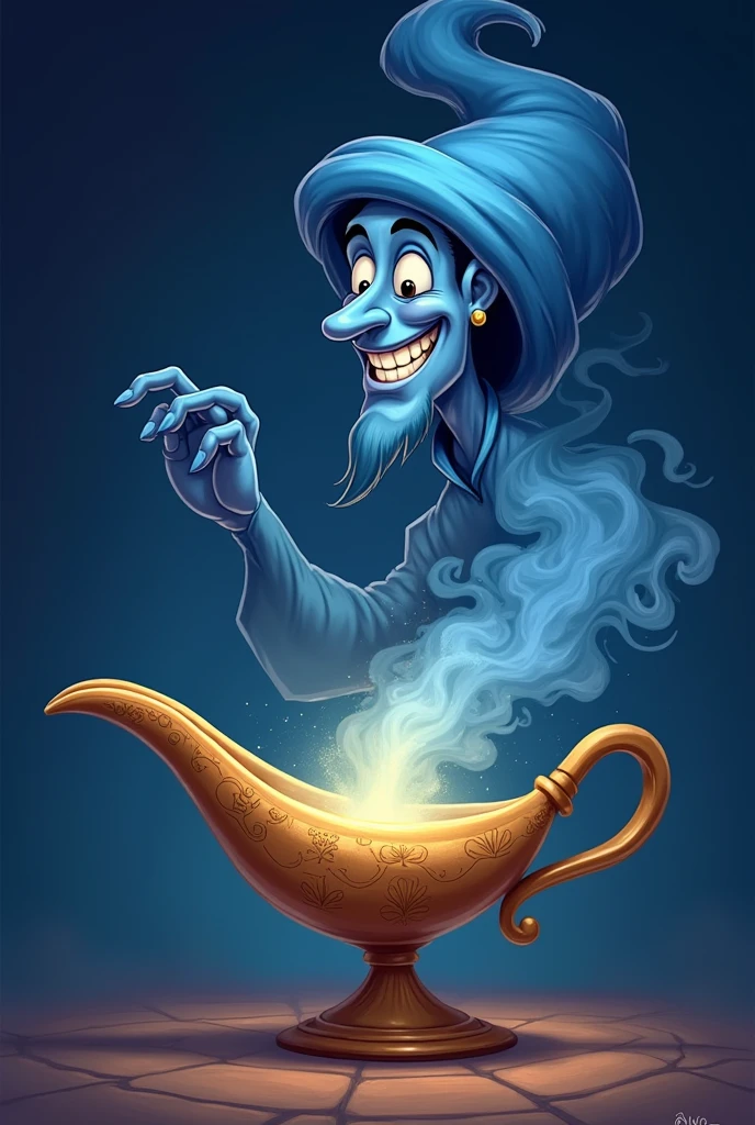 Create a  image of a friendly alladin emerging from spout of magical lamp. The alladin should have smiling expression with white teeths, with a classic blue skin tone, flowing outfit, and swirling smoke. 
