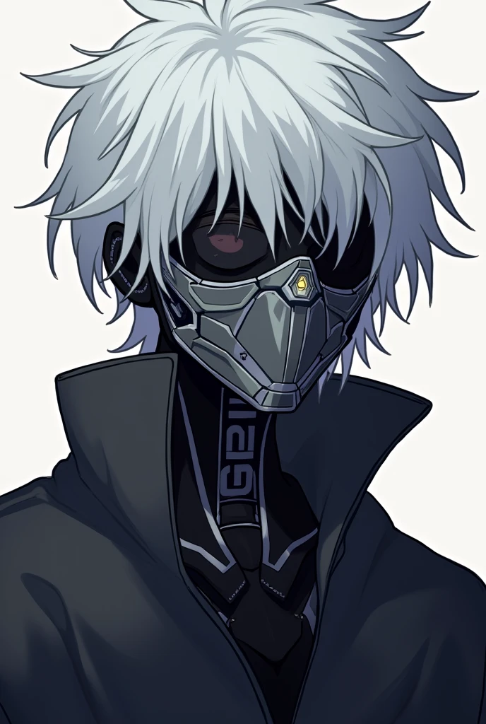 1 anime boy,susadera de color negro,White hair with a messy or common hairstyle.,serene face,completely black eye color,A metal robotic mask that lights up when you talk.,weak appearance or physique