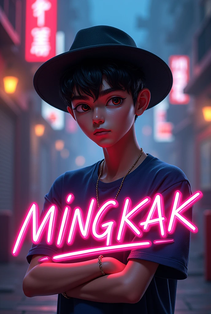 3D illustration of name "MINGKAK" which is clearly legible and spelled correctly in bright neon graffiti style, on top of it is a super realistic character of a handsome 20 year old boy wearing a black hat, blue t-shirt, rendered in ultra-realistic dark art caricature in HD, 8k, with typography and cinematic elements.