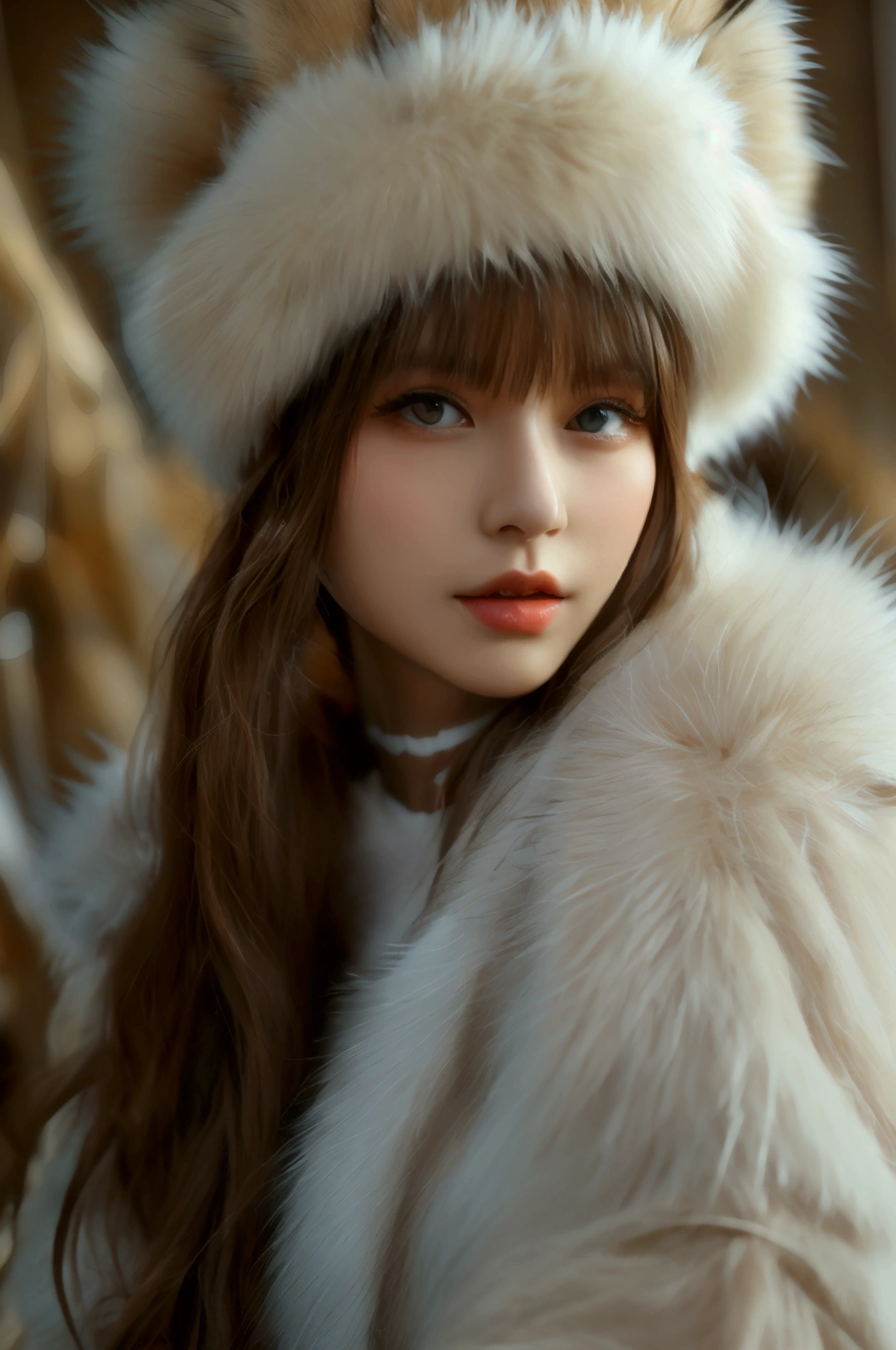 Full body photography、(Russian beautiful girl)、naked、High ponytail、No bangs、(Wear a fur coat)、(High-quality fur)、(Fur fashion show)、(Big Breasts 1.9)、Full body photo、(Squat down and spread your legs)