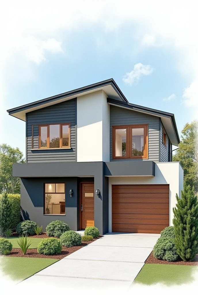create a kitchen design drawing match below Archictural style
2 modern style 2 storey duplex house in Dundas velley in NSW Australia, ceacreat a archictural well design artist expression drawing. light coulour in Facade, front yards with low maintianence lanscaping, , frontage demion 15meter, single garage. drawing style with watercolour style.