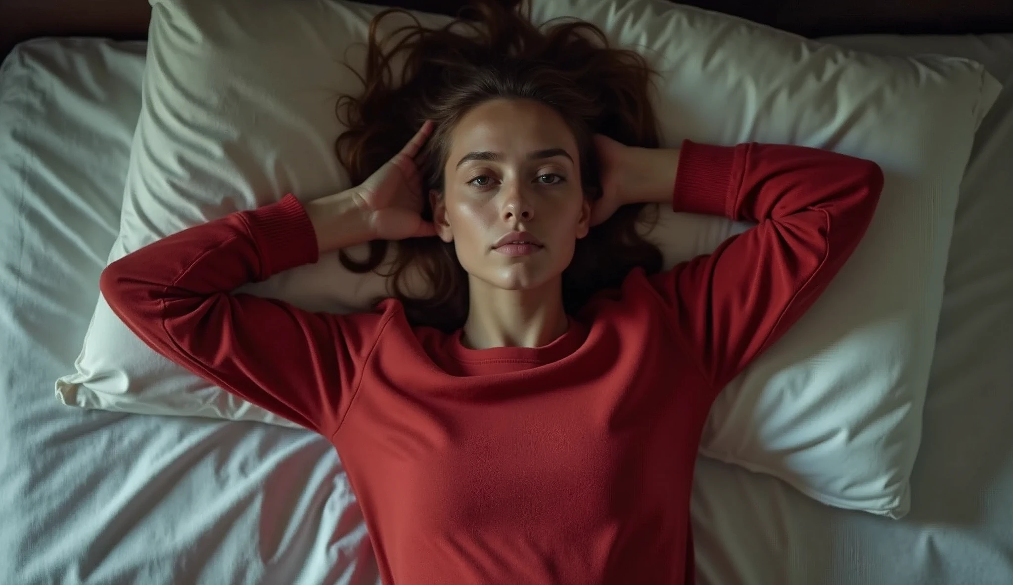 a one woman, long sleeve shirt, Sweatpants, redheadwear, lying on her bed, with a tired expression, Overview, super detaill, 8k, view from above