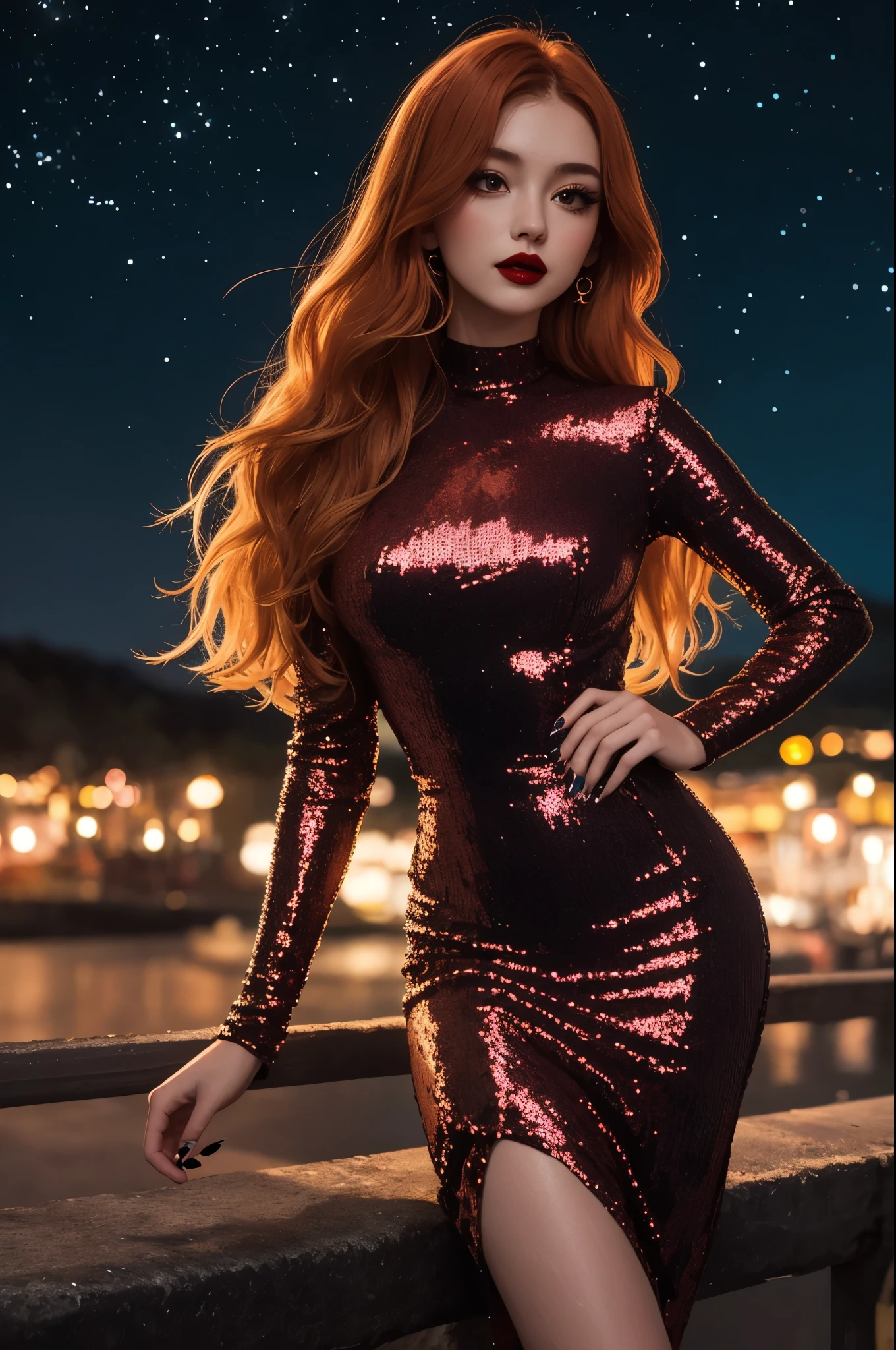 1girl, bright red sequin dress, ginger hair, outdoors, night, nighttime, starry night, stars, midnight, long sleeves, lipstick, skinny, wasp waisted, hourglass figure, polished nails