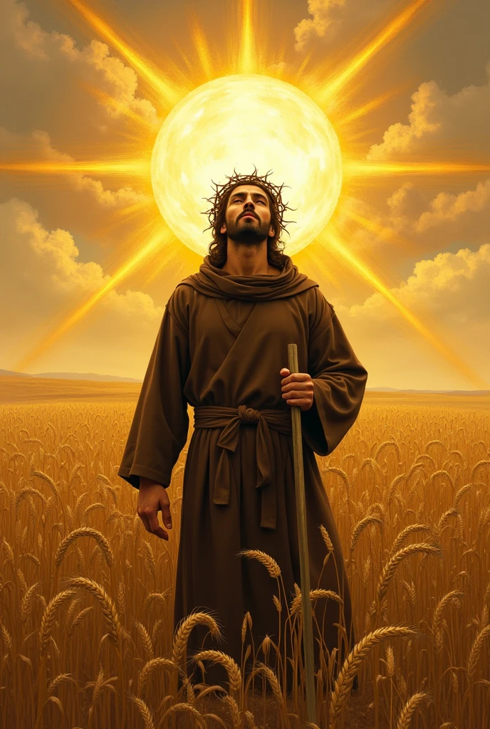 Benedictine monk working in a wheat field and praying with the face of Jesus Christ with his crown of thorns in place of the sun