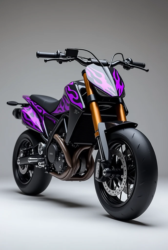 Black pit bike with dark purple flames decals from right side view