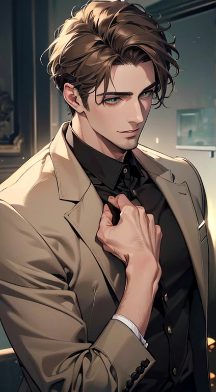 (best quality,4k,8k,highres,masterpiece:1.2),ultra-detailed,(realistic,photorealistic,photo-realistic:1.37),cinematic lighting,1:4 hdr image,a mature man, 29 years old,very handsome,cold expression smile in love, short grey brown hair, green eyes,flawless face,buttoning his jacket,CEO