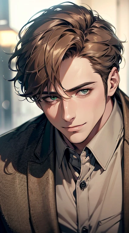 (best quality,4k,8k,highres,masterpiece:1.2),ultra-detailed,(realistic,photorealistic,photo-realistic:1.37),cinematic lighting,1:4 hdr image,a mature man, 29 years old,very handsome,cold expression smile in love, short grey brown hair, green eyes,flawless face,buttoning his jacket,CEO