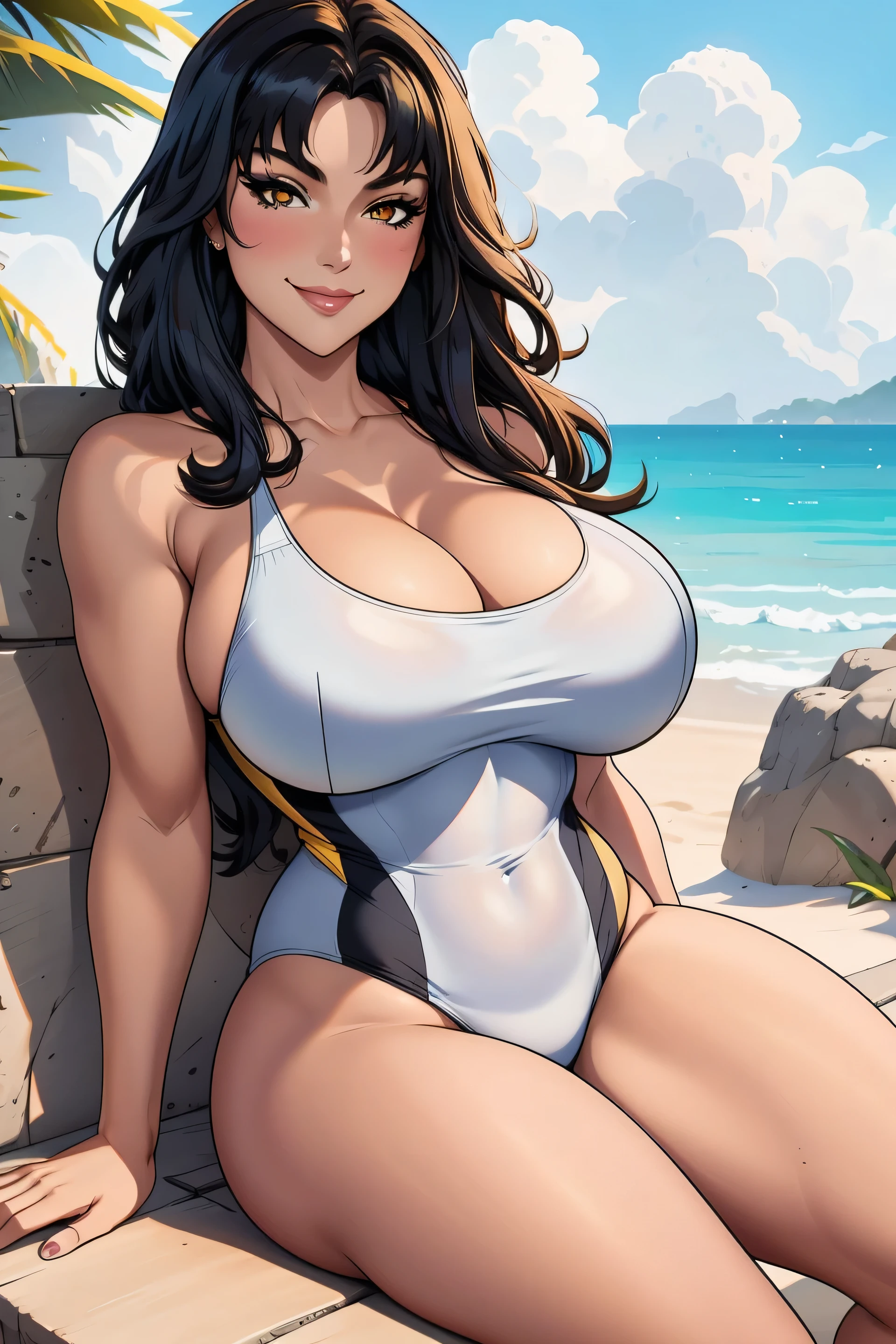 1girl, solo, long hair, looking at viewer, dark hair, yellow eyes, smile, bangs, breasts, simple background, bare shoulders, closed mouth, hair over shoulder, legs, seductive, bathing suit, 2 piece swimsuit, beach, realistic, highly detailed face, detailed eyes, best quality, masterpiece, ultra detail, extreme detail, 8k, uhd, voluptuous, curvy, thick thighs, milf