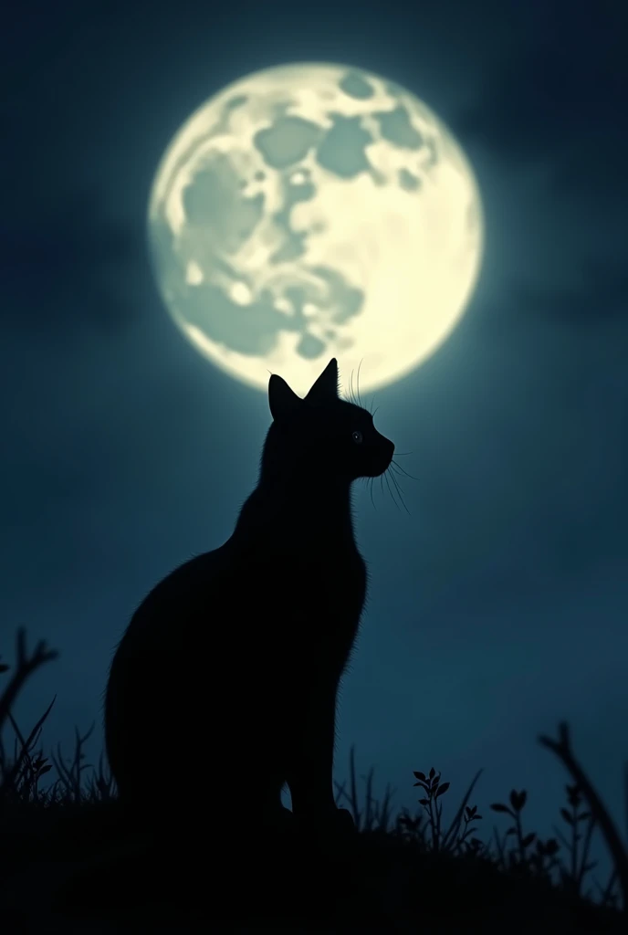 Cat silhouette watching the moon at night and make it bright