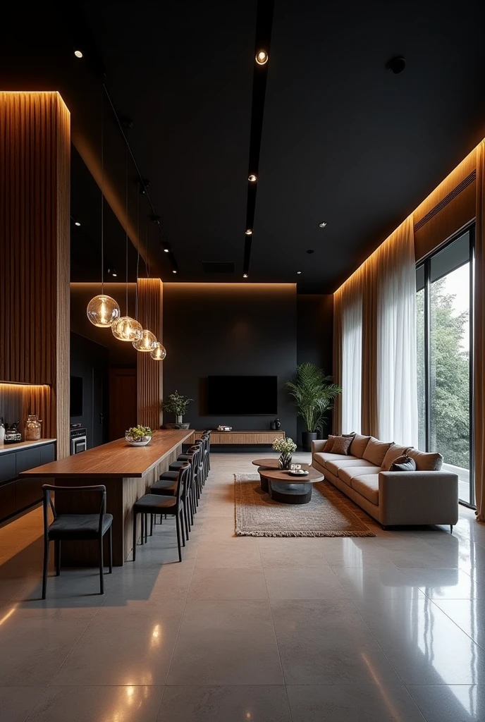 An interior image of a room, dining room and kitchen in a single space in an area of 12 meters long by 2,8 meters wide with a black ceiling and wooden columns decorated with LED lights each column. The distribution of space is as follows: 
Dining room first, kitchen in the middle and at the end the living room with a TV on a 70 cm wall" and a sofa in front of the TV with 3 seats. 