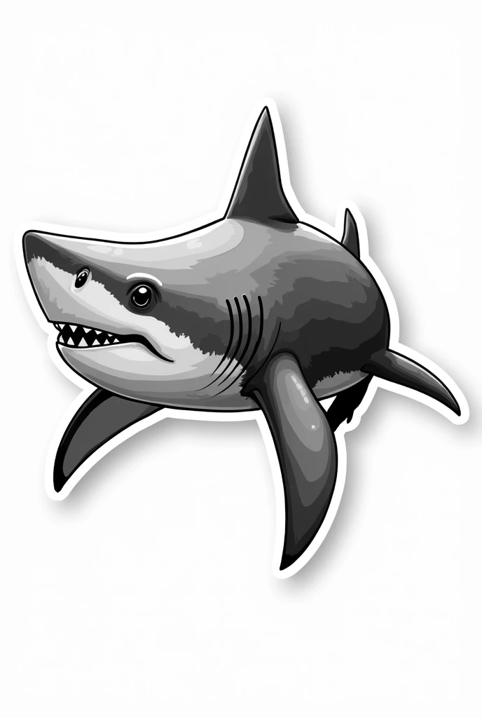 Create an image of shark black and white without background, focusing on shark. The shark is cool but with kind eyes, can be made into sticker and please add logo name “Sharky”
Now include the logo name sharky