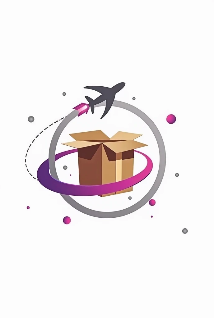 A logo for a company, with a brown, 3D-style package in the middle and an airplane as if it were a ring that goes around the package several times, and a little below the tweet that says LILY'S SHOP, and the trail of the plane mixed purple and pink, The grey plane and the shooting star style rings and intense colours with a white background