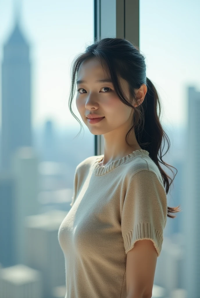 Japanese woman in a skyscraper、20generation、A beautiful and clear-skinned woman、ponytail、bright、Dress neat and clean、front、Big Breasts、Short sleeve knit、