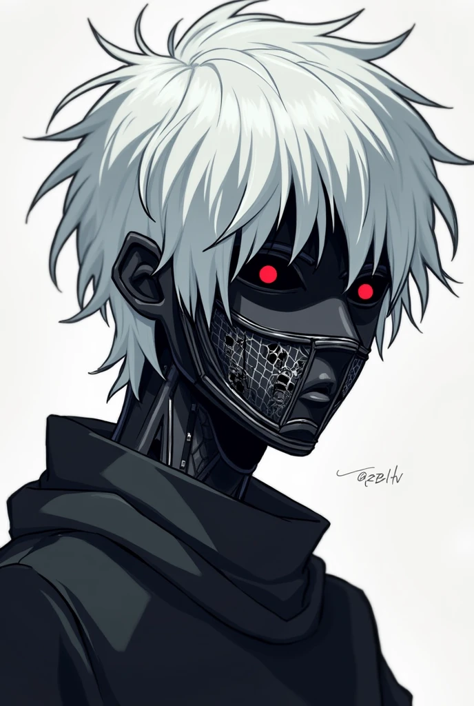 1 anime boy,susadera de color negro,White hair with a messy or common hairstyle.,serene face,completely black eye color,A metal robotic mask that lights up when you talk.,weak appearance or physique