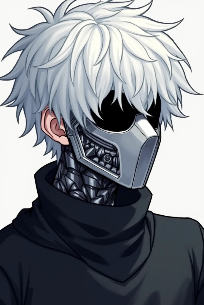 1 anime boy,susadera de color negro,White hair with a messy or common hairstyle.,serene face,completely black eye color,A metal robotic mask that lights up when you talk.,weak appearance or physique