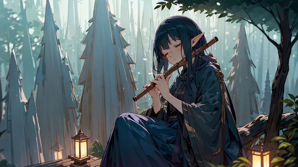 (((From diagonally left behind))), solo, Anime Elf girl playing a wood flute while sitting gracefully on a tree branch ,elf girl sitting left, panoramic night landscape,  town in the forest can be seen, with charming houses, winding streets illuminated by moonlight, closed eyes, she wear long witch outfit, blows a wood flute in the proper position, (((focus wood flute)))