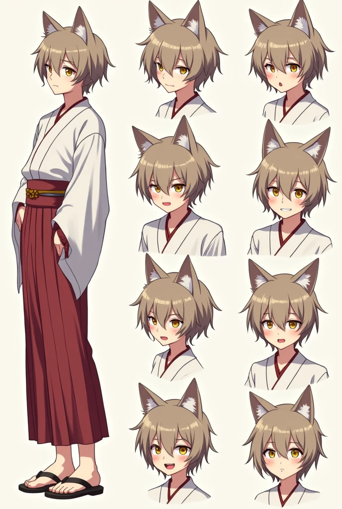 High quality illustrations, male,Cat-eared teenager, three views, Front and sides and back, Character Sheet, Character Design, Various expressions(Happy expression、Sad expression、Angry expression) 、masterpiece、(Highest quality)、((kimono))、((Makes your face smaller))、The body is slim、((Yellow Eyes))、((10 poses and facial expressions))、Anime characters