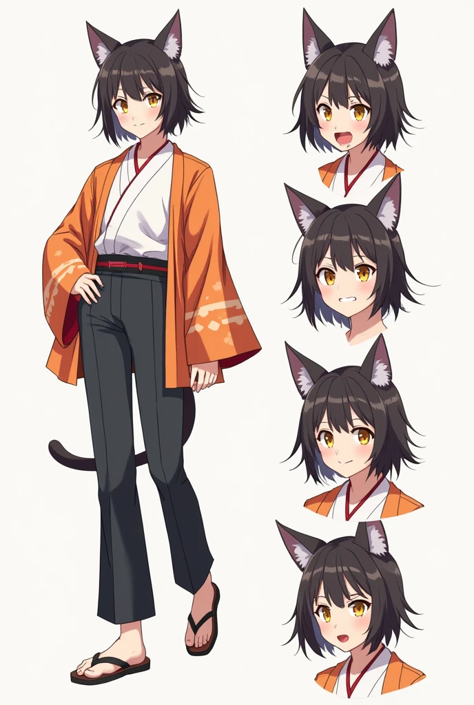 High quality illustrations, male,Cat-eared ager, three views, Front and sides and back, Character Sheet, Character Design, Various expressions(Happy expression、Sad expression、Angry expression) 、masterpiece、(Highest quality)、((kimono))、((Makes your face smaller))、The body is slim、((Yellow Eyes))、((10 poses and facial expressions))、Anime characters