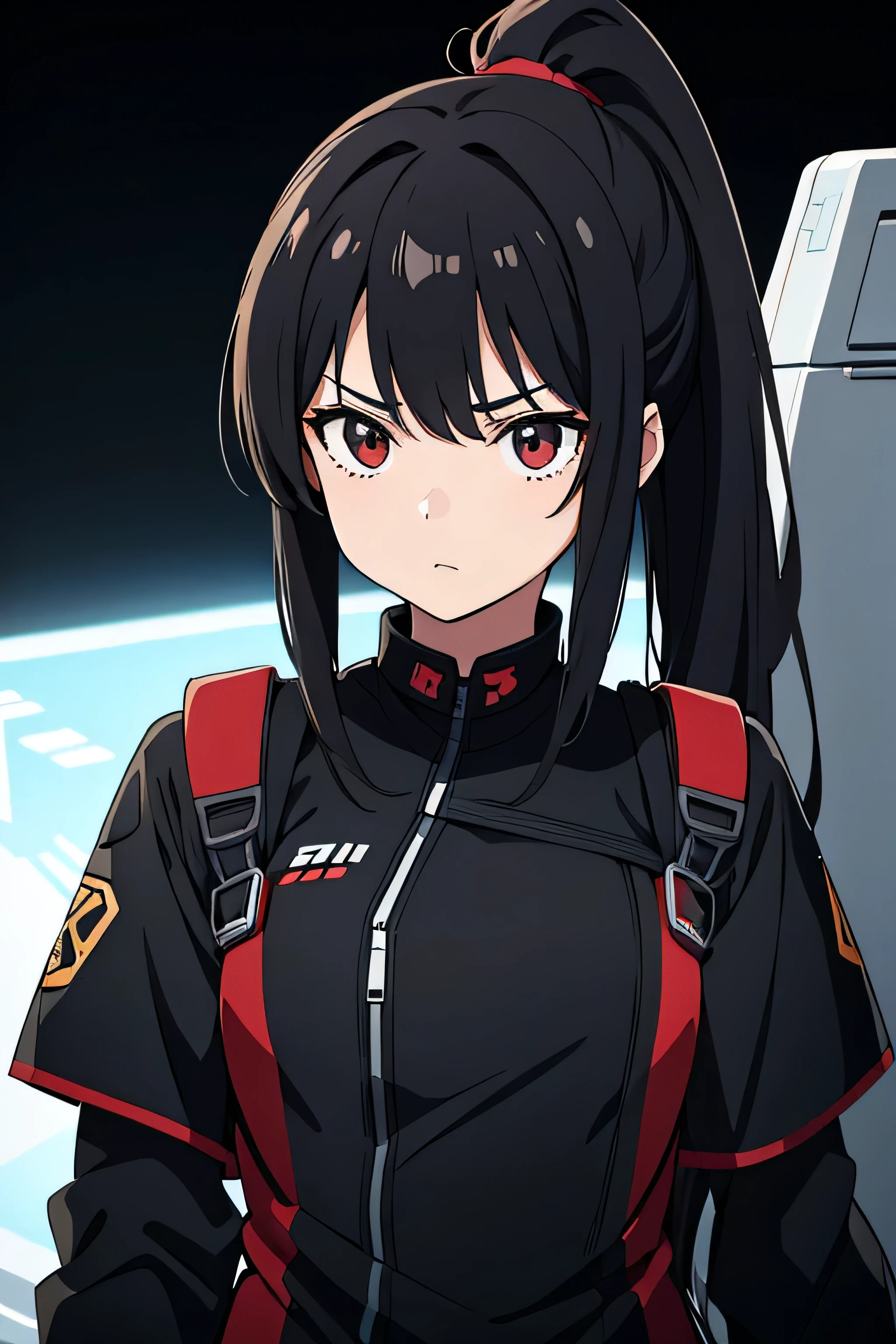 Digital illustration of an anime-style character. The character is a child of with long black hair, she has hair tied in a hair ponytail, she has a several expression. she wears an military exosuit in full black color, with red accents on the chest area. The suit features detailed exosuit plating and straps, suggesting a combat or tactical purpose. The background isa blanck space, asian feautures, childish appearance