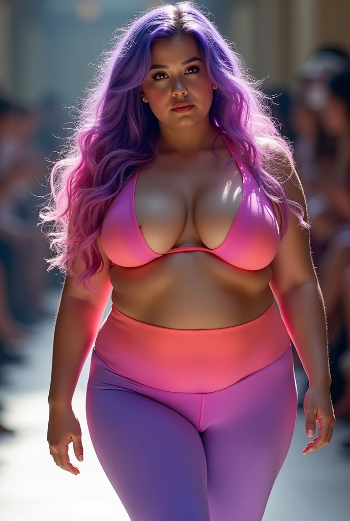 Very large breast, chubby girl, purple and pink long wavy hair, hazel eyes, color gradient vivid rainbow skin tight yoga pants, cameltoe, on a catwalk, very detailed very beautiful