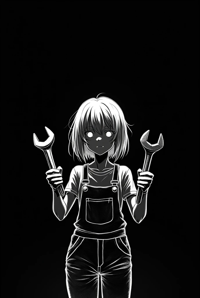 White pen on a black background。
No grey, just black and white。
White-haired girl wearing overalls。
Anime-style hair is medium length。
Holding a wrench tool in each hand。