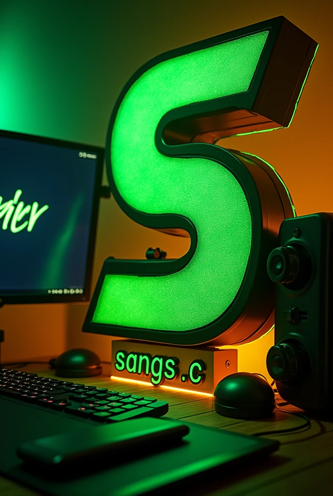 I want the letter S to be green with a black border. I also want it to have a gamer setup and for the screen to have the image with the word kick in green and the background to be completely black and for the screen to be even on its side and I want it to be warm behind the letter above it to take up eighty percent of the image and I want the background to be green with gold and black. I want you to name it sangs._c below the ky that the name is filled in green and bordered with black and has a golden shadow and you put 8.PM